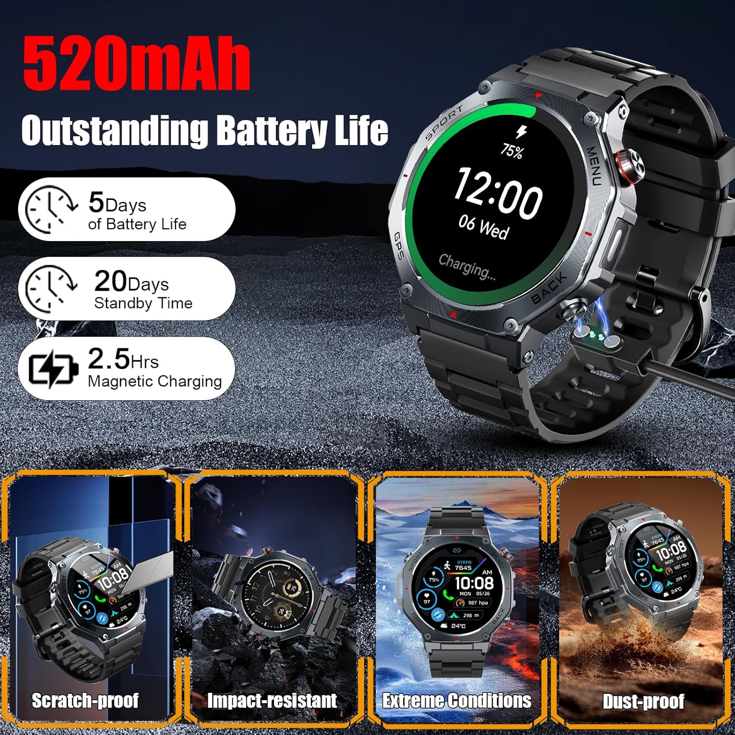 Smartwatch Herren Militär GPS, 1,43 Zoll AMOLED Fitnessuhr mit Bluetooth Anrufen, 160+ Sportmodi Kompass, 5ATM wasserdicht, 24/7 Herzfrequenz, Schlafmonitor, Schrittzähler, Sportuhr Android für iOS – Bild 8
