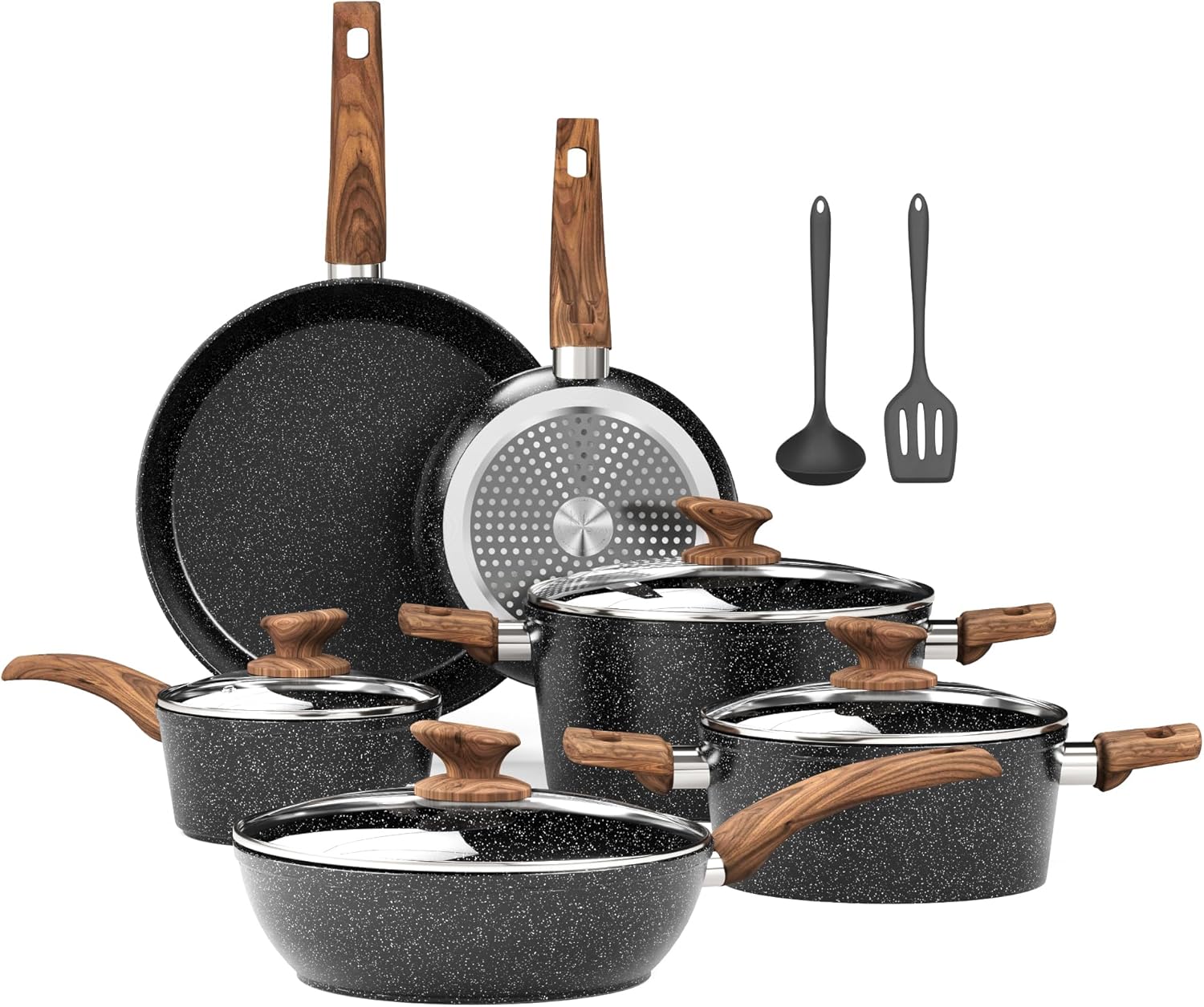 Kitchen Academy Induktionstöpfe-Set – 12-teiliges Kochtopf-Set aus schwarzem Granit, antihaftbeschichtetes Topf-Set und Pfannen-Set, PFOA- und PFOS-frei