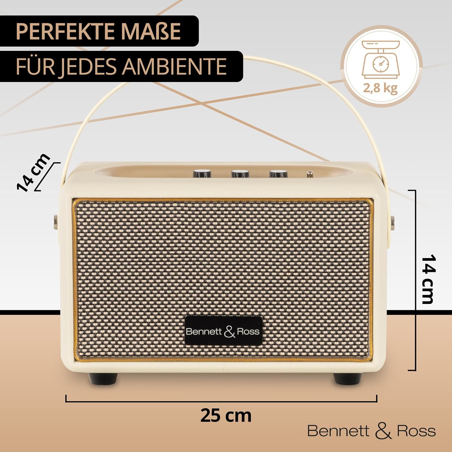 Bennett & Ross BB-820CW Blackmore Junior Retro-Bluetooth-Lautsprecher in Lederoptik mit 5200-mAh-Akku – Vintage-Lautsprecher mit 20 W – MicroSD-Eingang mit MP3-Player – Aux-in – Weiß – Bild 3