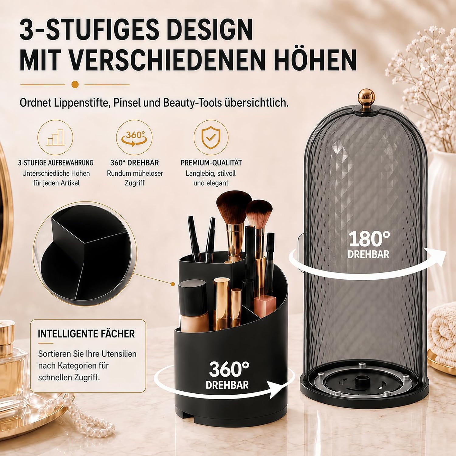FAVORTALK Make-up-Pinselhalter mit Deckel, 360° drehbarer Make-up-Organizer, Make-up-Pinsel-Organizer, drehbarer Kosmetikpinselhalter, Make-up-Pinsel-Organizer für Schminktisch (schwarz) – Bild 2