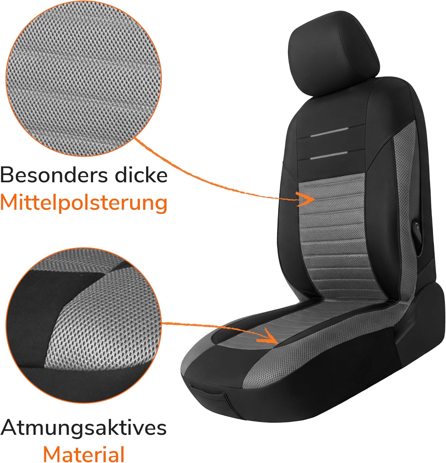 Upgrade4cars Autositzbezüge-Set für die Vordersitze Version 2026 | Autositzbezüge Universal in Grau für Fahrersitz & Beifahrer | Autozubehör Innendekoration – Bild 3