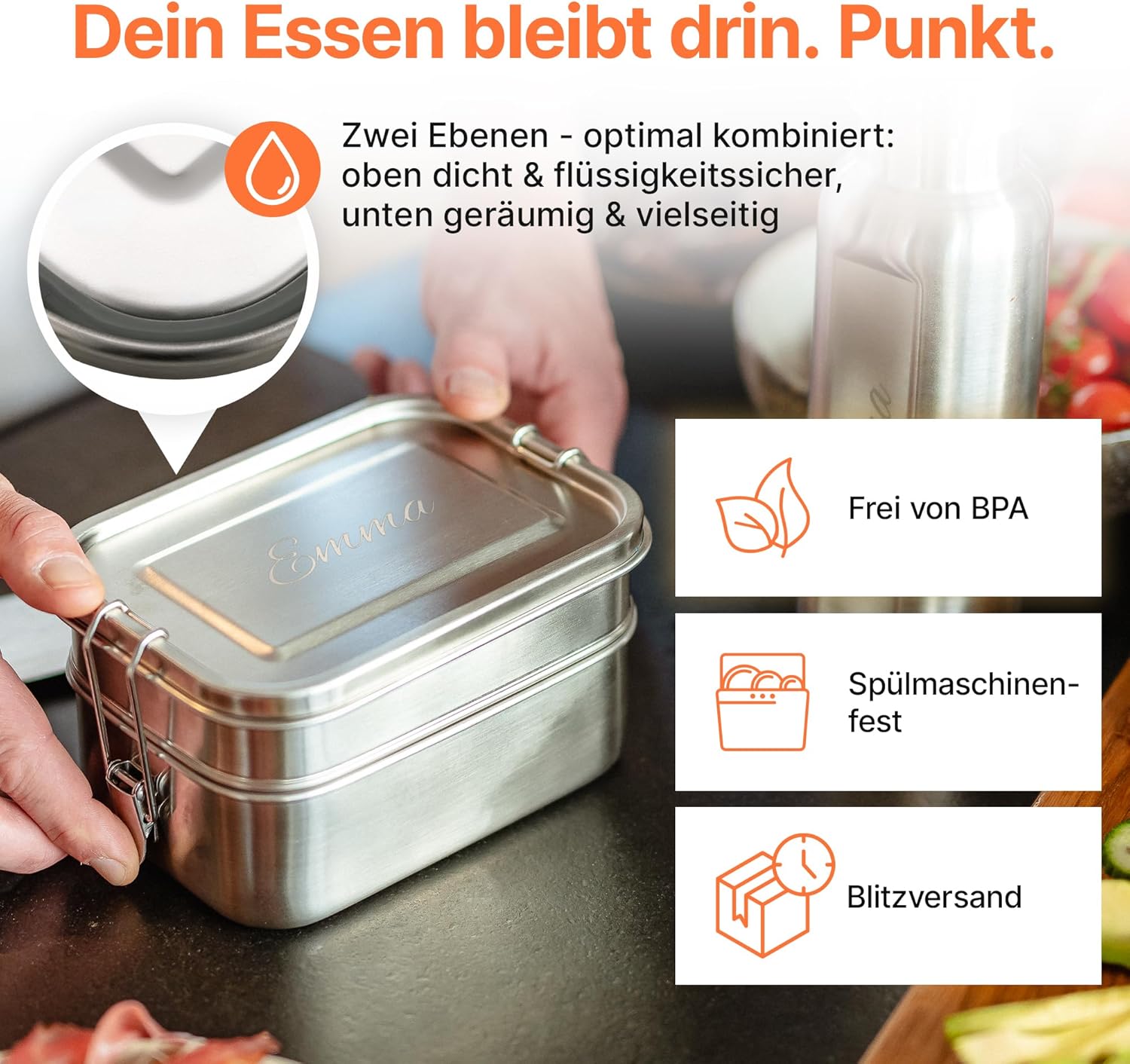 Isonio Lunchbox aus Edelstahl mit Lasergravur, inkl. Trennwand und Dichtungsring, Lunchbox, Bento-Box mit Namensgravur, M, Edelstahl-Doppeldecker – Bild 6