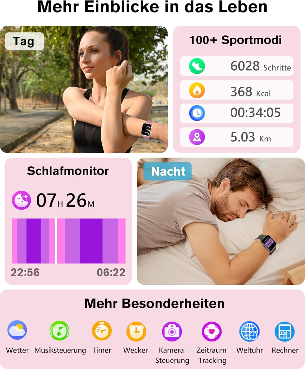 KALINCO Smartwatch Herren Damen Blutdruckuhr mit Bluetooth-Telefonie, AI Fitness Tracker mit Herzfrequenz SpO2 Stress, 100+ Sportmodi, Fitnessuhr, Weltuhr, Schlafanalyse, Geschenkideen für iOS Android – Bild 6