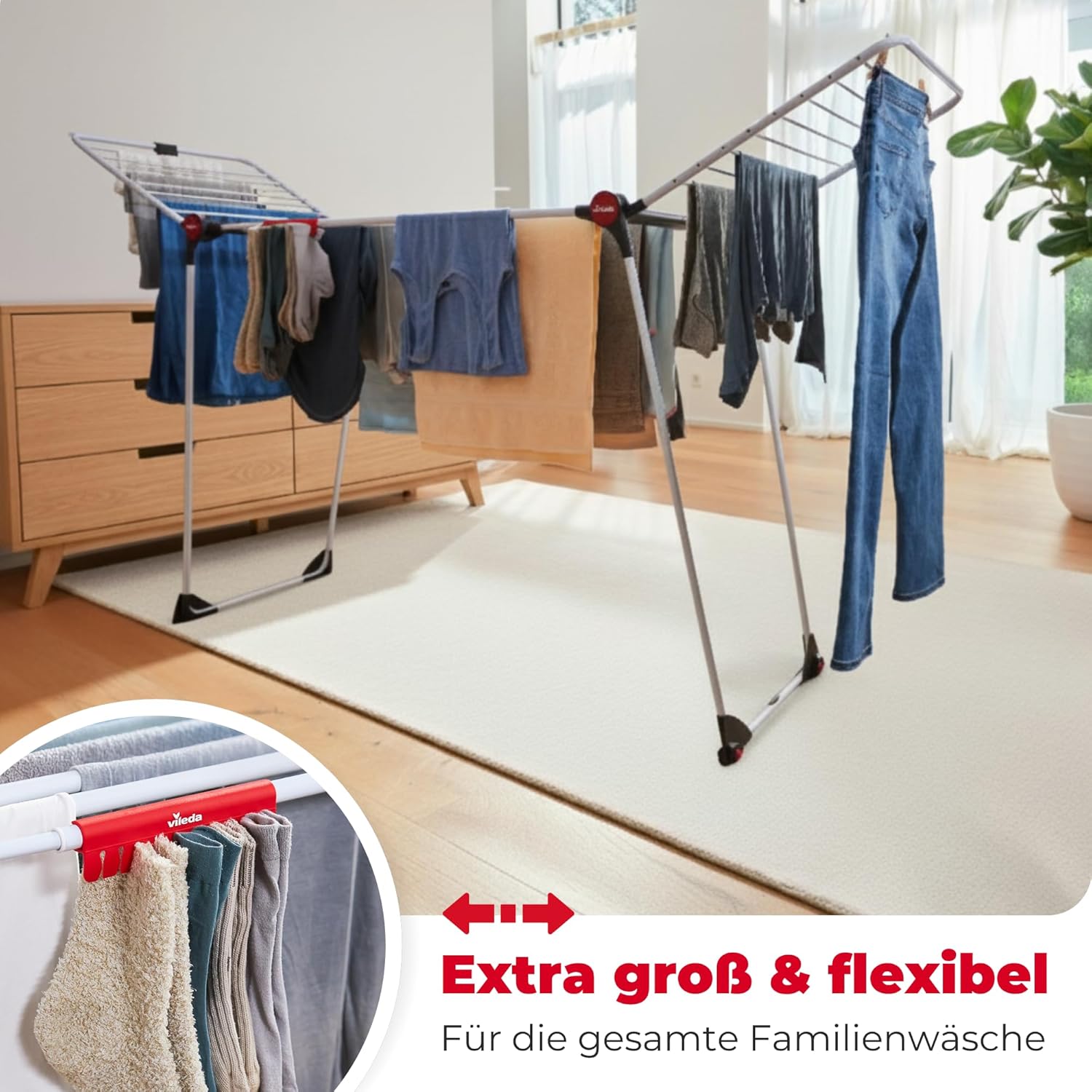 Vileda Infinity Flex Plus Wäscheständer, ausziehbarer & stabiler Flügeltrockner mit 30 m XXL-Leinen, für den Innen- und Außenbereich, platzsparend & faltbar, 2 m Länge, hohe Flügel, Komfortpaket – Bild 3
