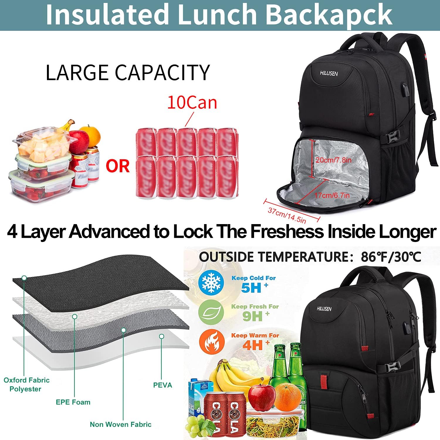 HILUSEN Großer Rucksack Herren 50L Arbeitsrucksack Laptoprucksack Herren 17,3 Zoll Schulrucksack mit USB-Ladeanschluss Geschäftsreise Notebooktasche Rucksäcke Herren Damen Jungen Teenager Schwarz – Bild 3