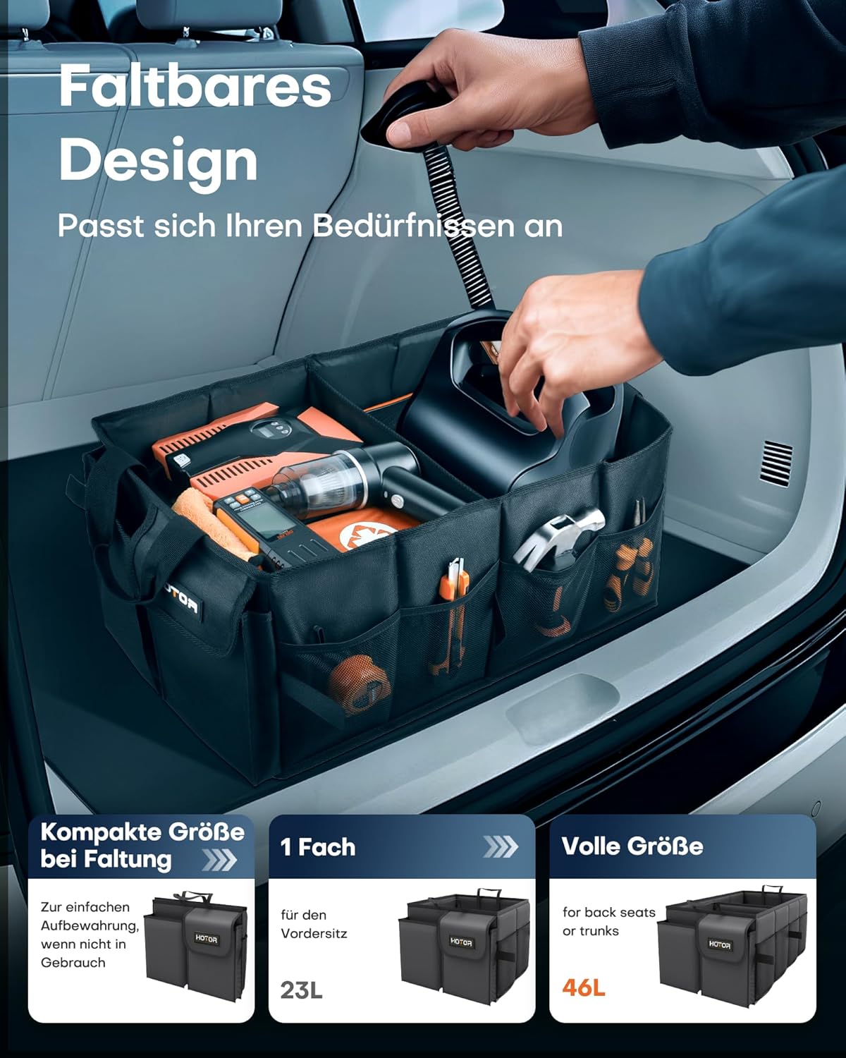 HOTOR Kofferraum-Organizer – faltbarer Kofferraum-Organizer mit 2 Fächern, stabiler Auto-Organizer für SUVs, schwarze Kofferraumtasche, verstärkte und stabile Faltbox, 54,1 x 32,0 x 26,9 cm – Bild 4
