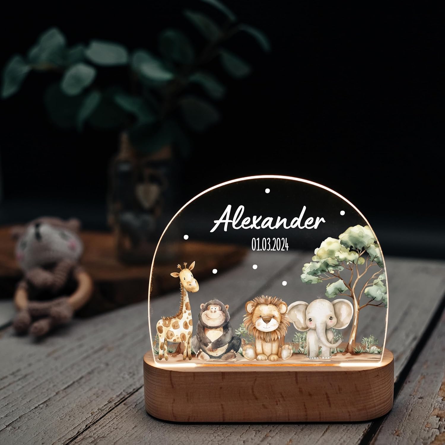 Bärenfreunde - Personalisiertes Nachtlicht für Babys - Individuelle Nachttischlampe für Kinder - Personalisierte Geschenke Kinder - Babygeschenk - Geschenk zur Geburt (Safaritiere) – Bild 3
