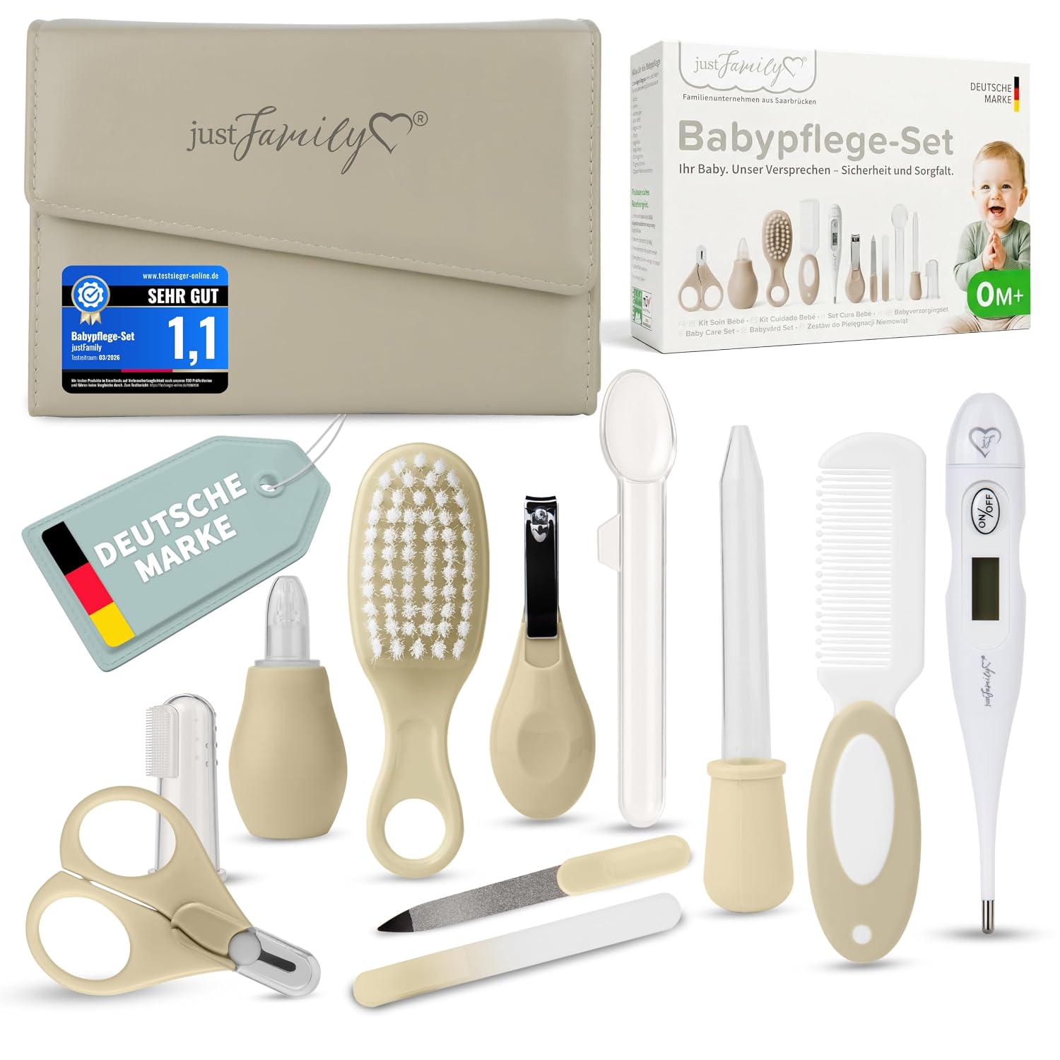Babypflege-Set Neugeborene (Beige) – 11-teiliges Neugeborenen-Set mit hochwertiger Baby-Nagelschere, Fieberthermometer, Bürste und mehr – ideal als Erstausstattung für Neugeborene