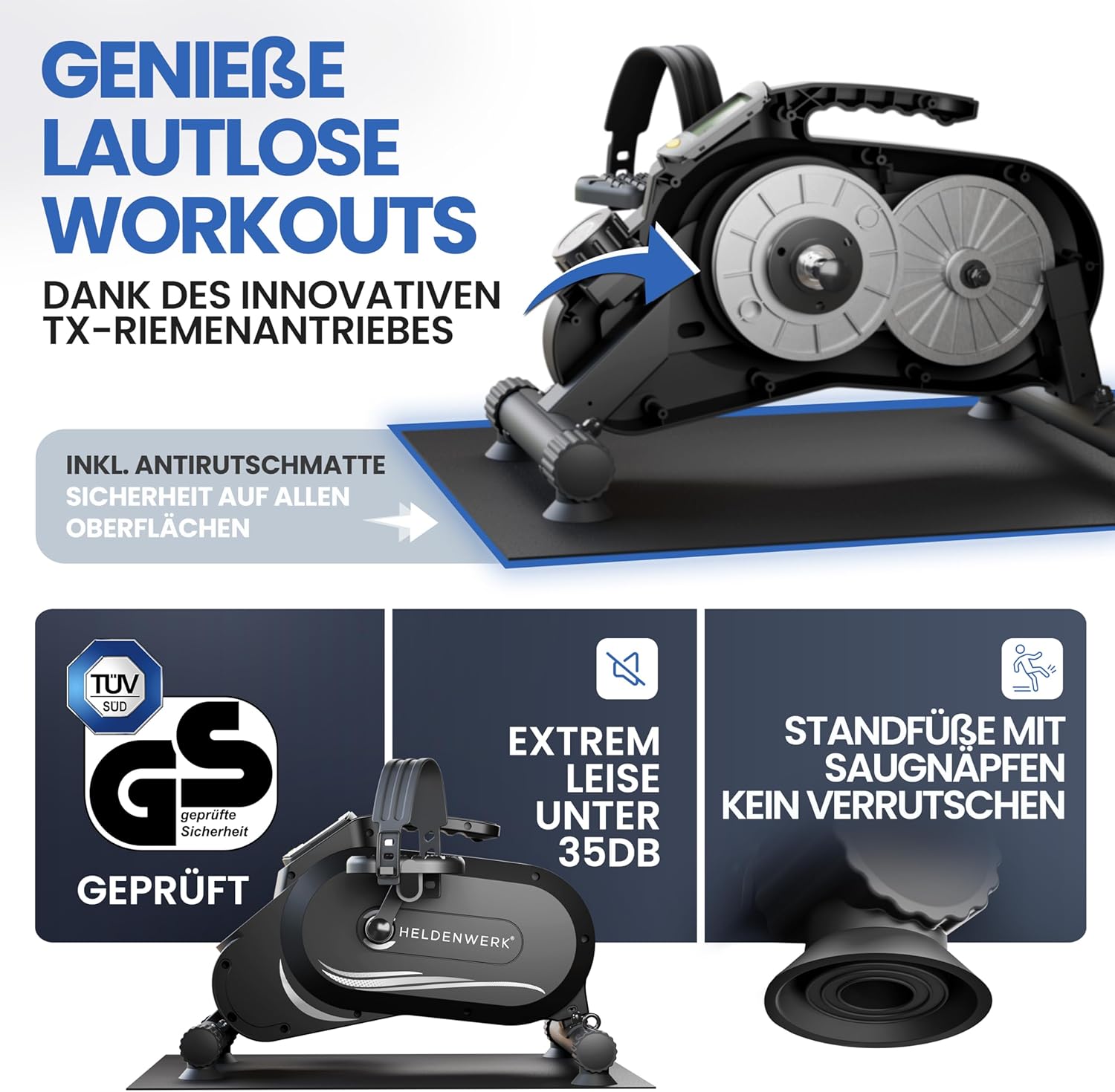 HELDENWERK Pedaltrainer Pro Set - TÜV/GS geprüft | Vergleichssieger | Extra leise & gelenkschonend inklusive Befestigungsgurt – Arm- und Beintrainer für zu Hause – Trettrainer für Senioren, Heimtrainer – Bild 2