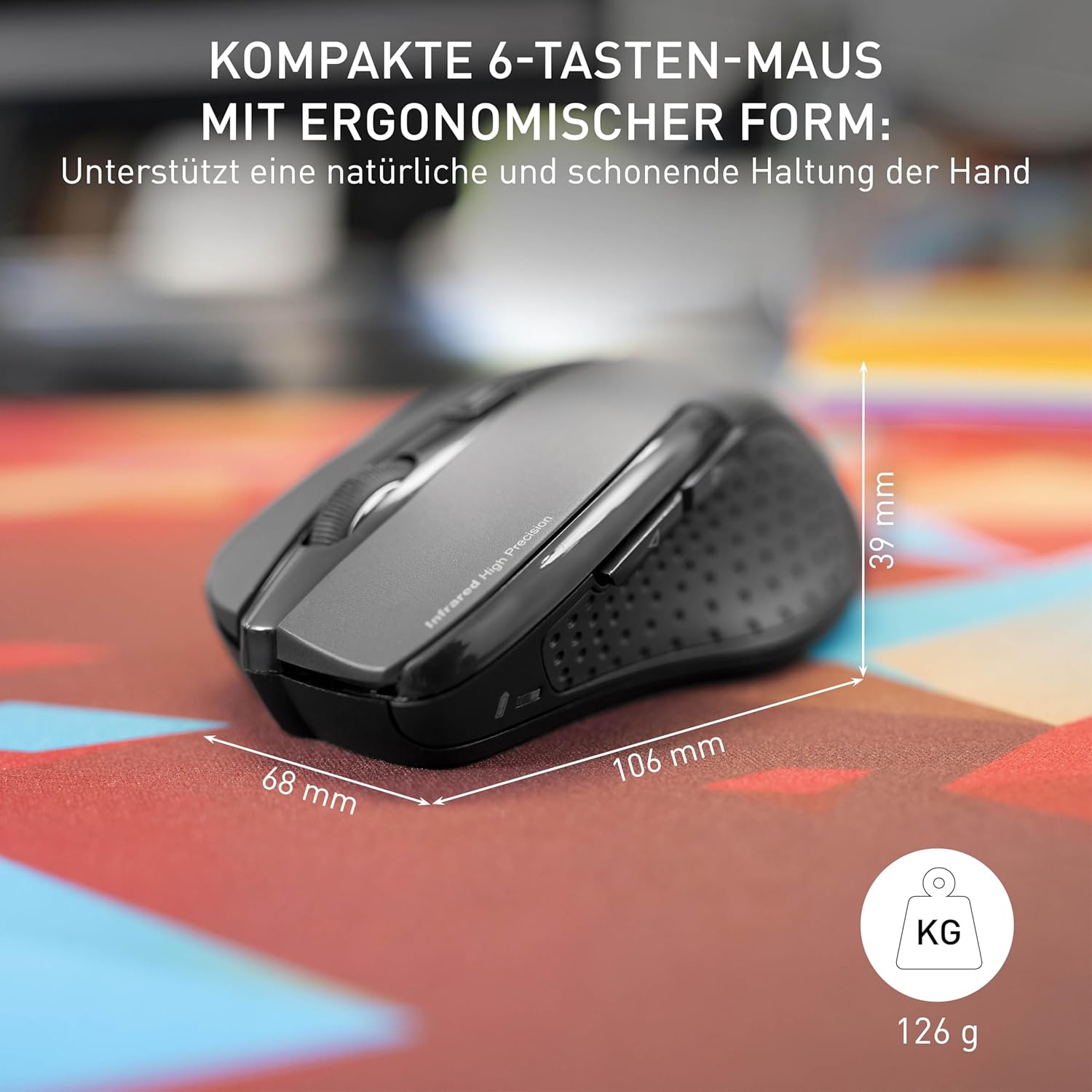 CHERRY MW 3000 kabellose ergonomische Maus für Rechtshänder, 2,4-GHz-Funk, 6 Tasten, optischer Sensor, gummierte Seiten, batteriebetrieben, schwarz – Bild 3