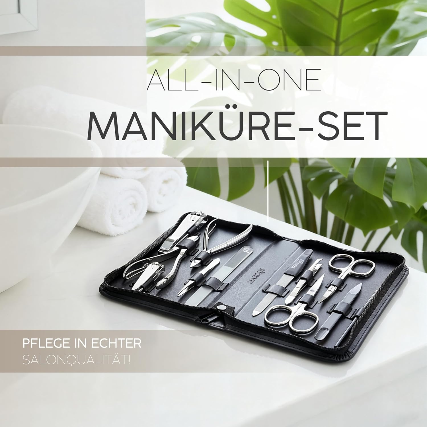 MarQus Solingen Komplett-Maniküre-Set 12-teilig – Made in Germany – Nagelpflege-Set im hochwertigen Lederetui – Komplettset und perfektes Geschenk für Damen und Herren. Schwarz – Bild 2
