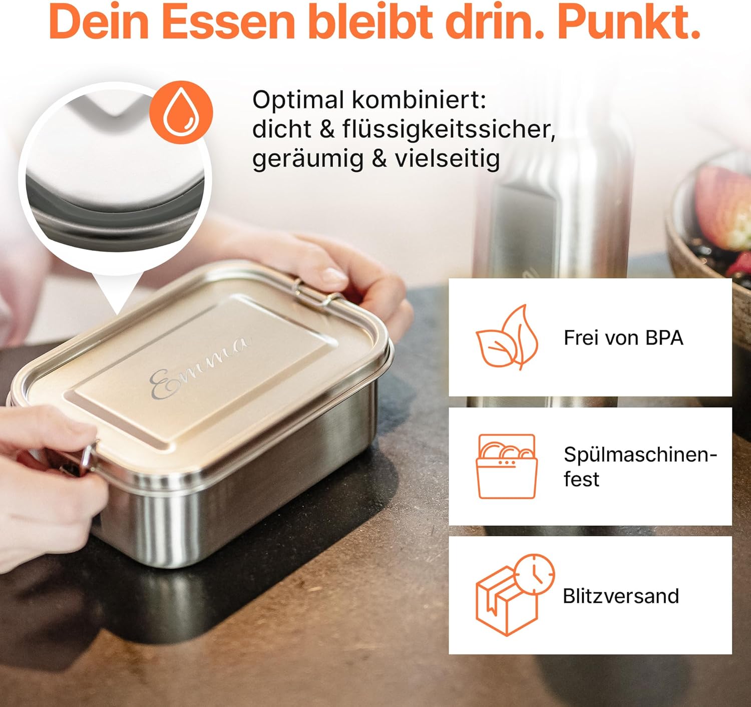 Isonio Lunchbox aus Edelstahl mit Lasergravur, inkl. Trenn- und Dichtungsring, Lunchbox, Bento-Box mit Namensgravur, M, Edelstahl – Bild 6