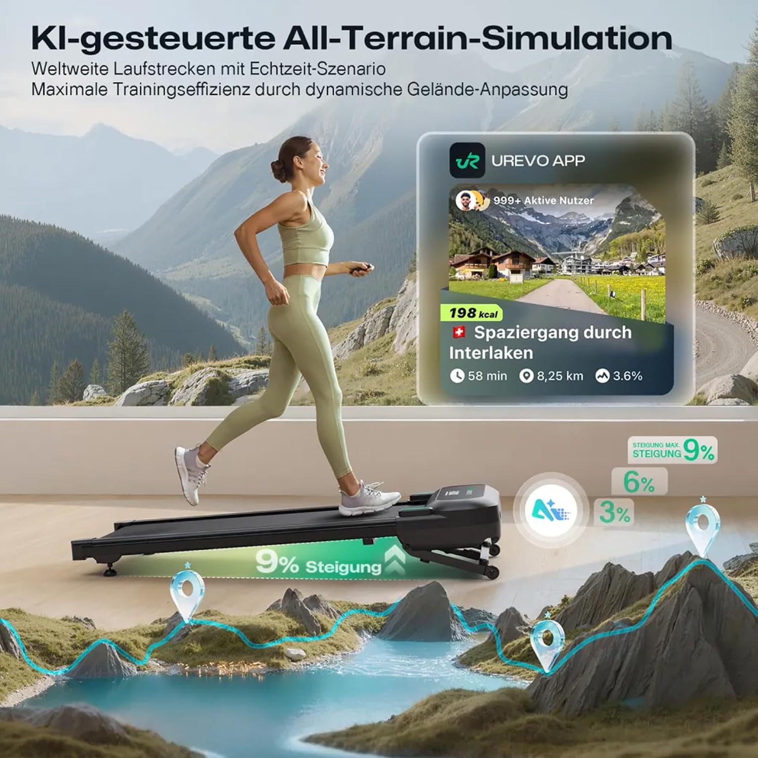 UREVO Automatische Steigung Walking Pad Mit KI-App, Laufband Schreibtisch, Leises Laufband mit bürstenlosem Motor für Wohnungen, kleine Räume und Homeoffice, 12-Punkt-Stoßdämpfung & virtuelles Wandern – Bild 8