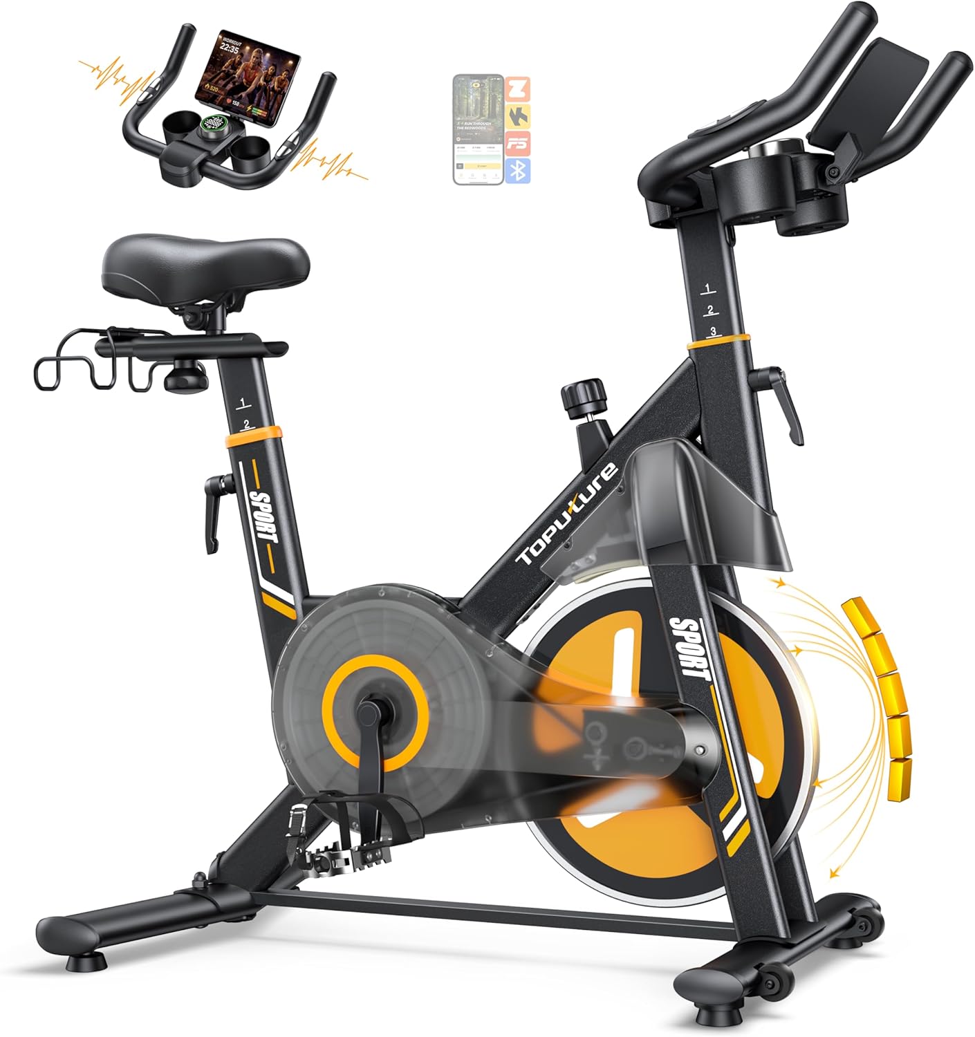 Toputure Neuer Heimtrainer mit elektrischem LED-Touchscreen und App, Herzfrequenzmesser, 32 elektrischer Magnetwiderstands-Heimtrainer, leises Ergometer, doppelter Flaschenhalter, Langhantelständer, bis zu 150 kg