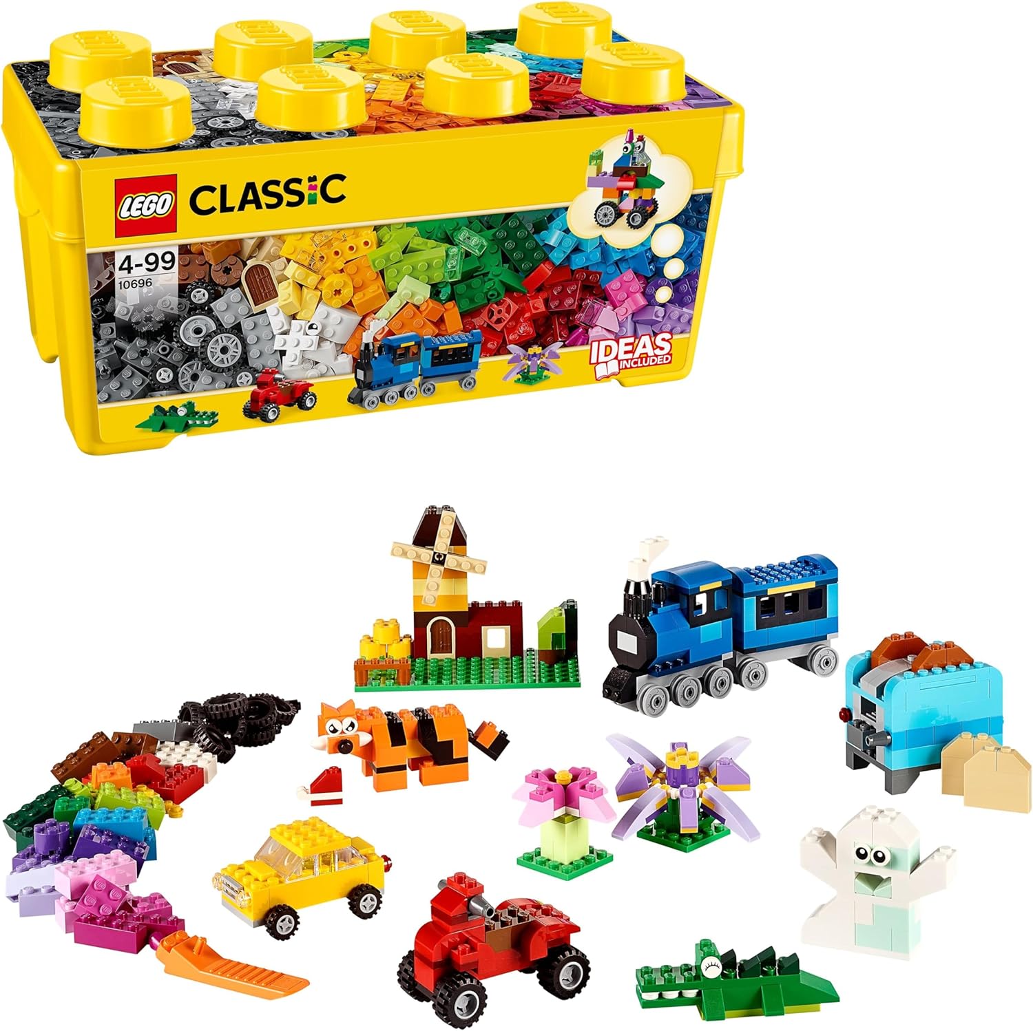 LEGO 10696 Classic Mittelgroße kreative Steinbox, einfache Spielzeugaufbewahrung, buntes Steinbauset, Spielzeug für Kinder, Jungen und Mädchen ab 4 Jahren mit Rädern, Fenstern, Augen und einer grünen Grundplatte