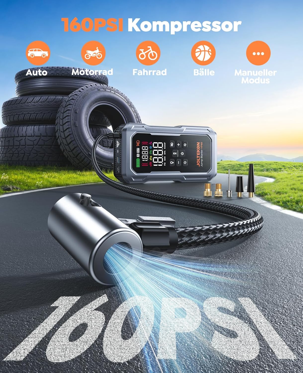 7000 A Auto-Starthilfe-Powerbank für Autos, Starthilfe für alle Benziner und 12,0-l-Diesel, Starthilfe-Powerbank mit Lüfter und 160-PSI-Kompressor, Starthilfe mit 800-Lumen-LED-Licht und 3,3 Zoll – Bild 3