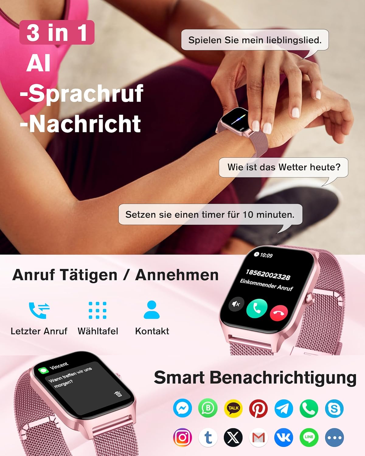 KALINCO Smartwatch Herren Damen Blutdruckuhr mit Bluetooth-Telefonie, AI Fitness Tracker mit Herzfrequenz SpO2 Stress, 100+ Sportmodi, Fitnessuhr, Weltuhr, Schlafanalyse, Geschenkideen für iOS Android – Bild 4