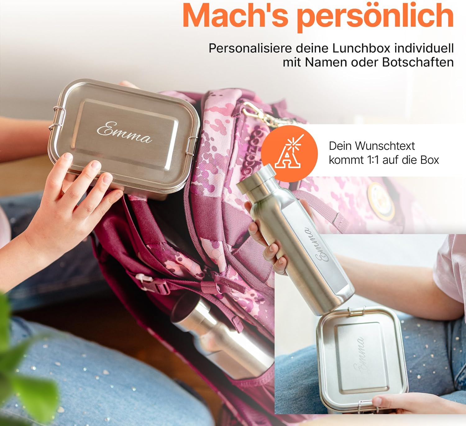 Isonio Lunchbox aus Edelstahl mit Lasergravur, inkl. Trenn- und Dichtungsring, Lunchbox, Bento-Box mit Namensgravur, M, Edelstahl – Bild 3