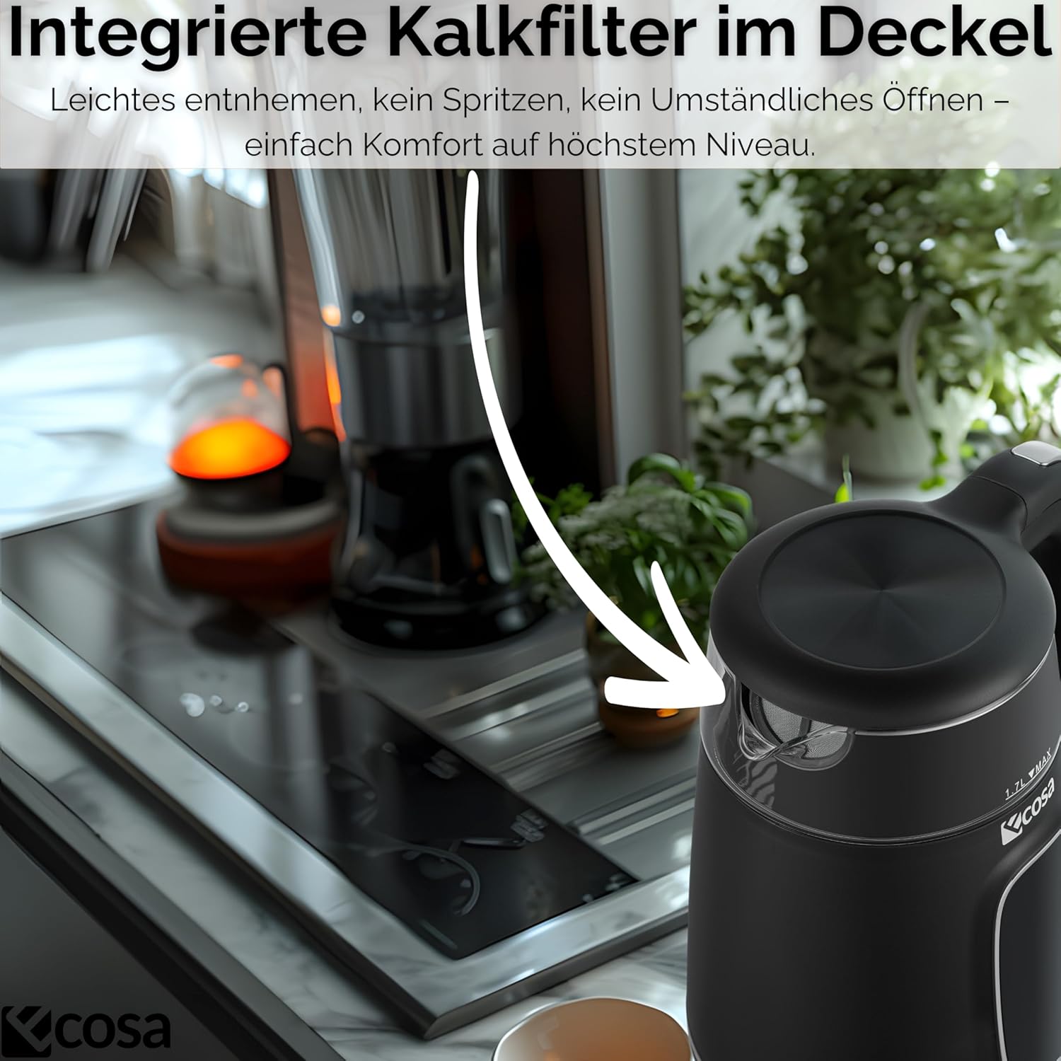 Ecosa Wasserkocher mit Temperatureinstellung, Glas, Edelstahl – Teebereiter – 1,7 Liter, 2.200 Watt – BPA-frei, mit Temperaturwahl 40 °C – 100 °C – Warmhaltefunktion, LED-Beleuchtung (Schwarze Perle) – Bild 9