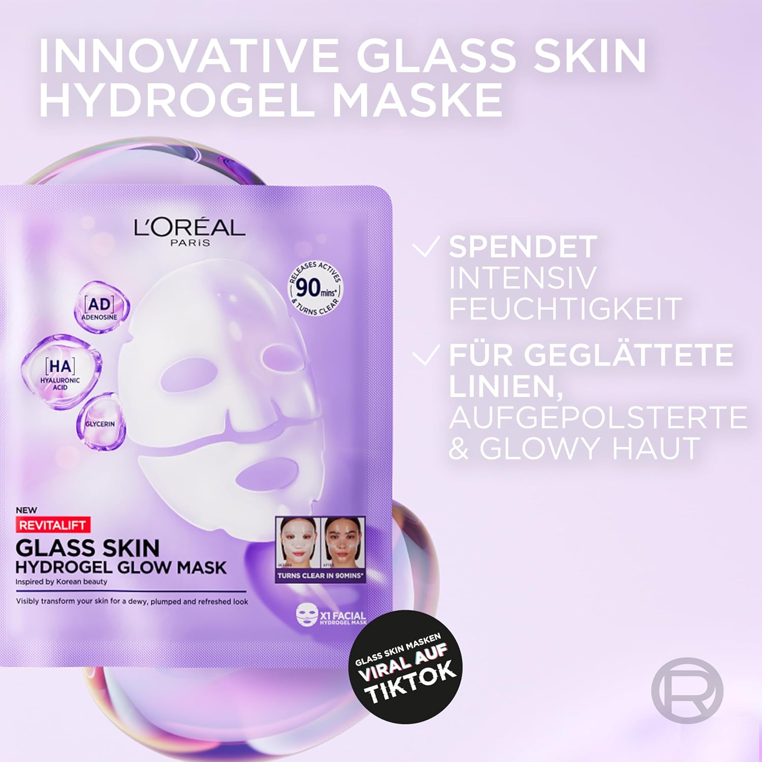 L'Oréal Paris Glass Skin Hydrogel Mask, für pralle und strahlende Haut, feuchtigkeitsspendend und glättend, mit Hyaluronsäure, Glycerin und Centella Asiatica, Revitalift Filler, Einzelmaske, 25 g – Bild 3