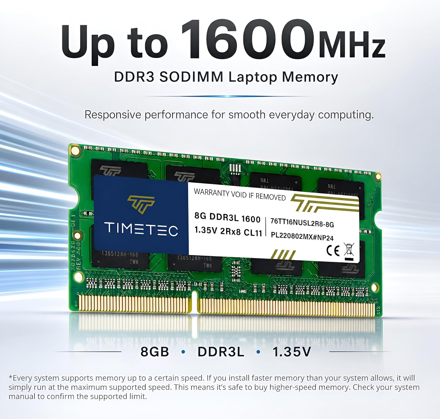 Timetec Hynix IC 8 GB DDR3L 1600 MHz PC3-12800 ungepuffert Non-ECC 1,35 V CL11 2Rx8 Dual Rank 204 Pin SODIMM Laptop Notebook Computer Speicher RAM Modul Upgrade (8 GB) – Bild 2
