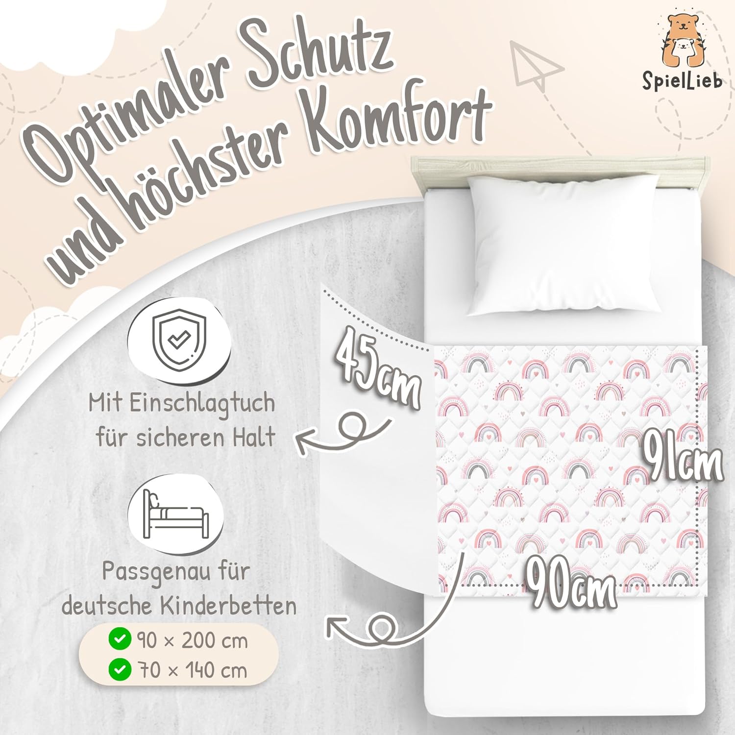 SpielLieb wasserdichte Kinderbettunterlage, atmungsaktive Inkontinenzunterlage, waschbar mit Pucktuch, Öko-Tex-zertifiziert, perfekt für deutsche Einzel- und Kinderbetten (Regenbogen) – Bild 2