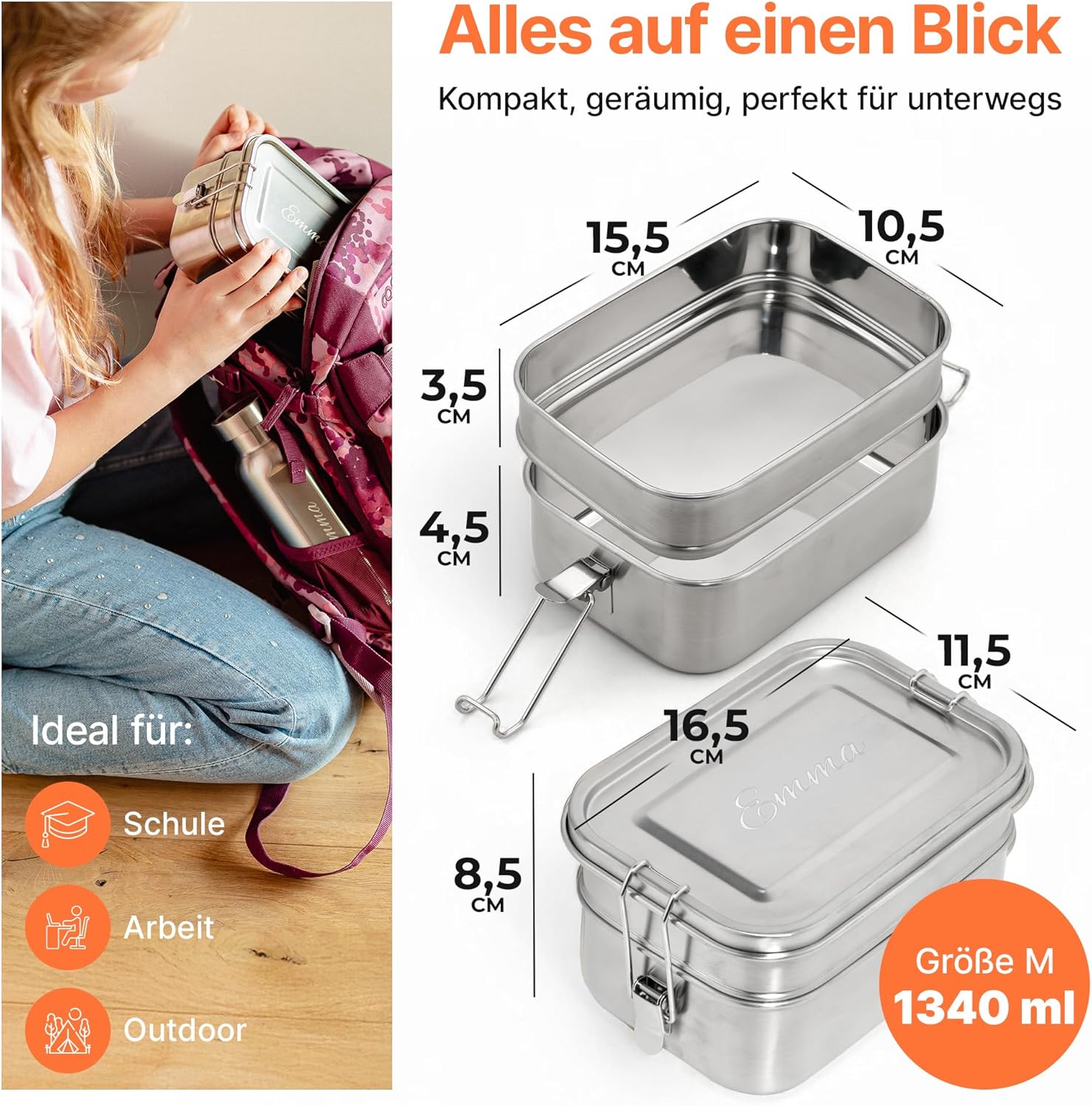Isonio Lunchbox aus Edelstahl mit Lasergravur, inkl. Trennwand und Dichtungsring, Lunchbox, Bento-Box mit Namensgravur, M, Edelstahl-Doppeldecker – Bild 7