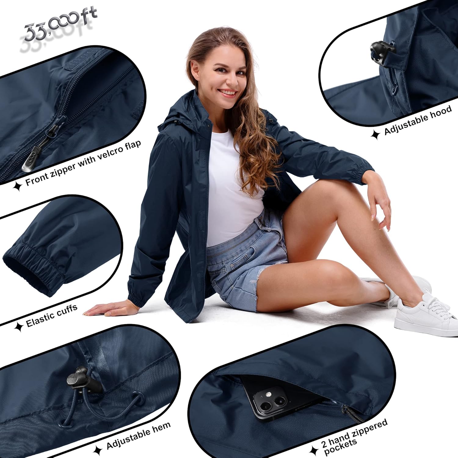 33.000ft Damen-Regenjacke, wasserdicht, faltbar, mit Kapuze, leicht, atmungsaktiv, Windjacke, Fahrradjacke, Sport, Outdoor-Jacke – Bild 5