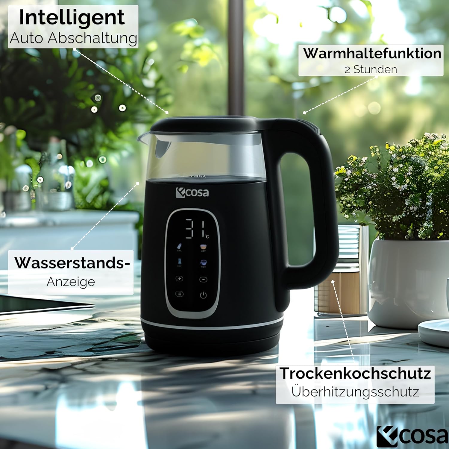 Ecosa Wasserkocher mit Temperatureinstellung, Glas, Edelstahl – Teebereiter – 1,7 Liter, 2.200 Watt – BPA-frei, mit Temperaturwahl 40 °C – 100 °C – Warmhaltefunktion, LED-Beleuchtung (Schwarze Perle) – Bild 2