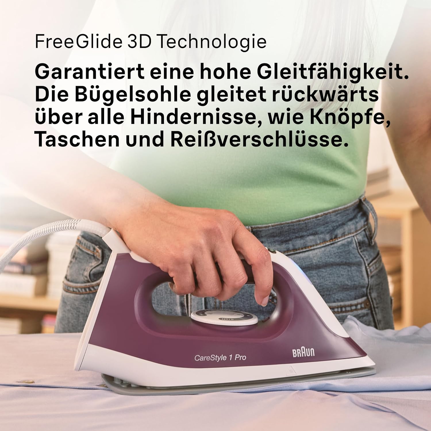 Braun CareStyle 1 Pro IS1514 VI Dampfbügeleisen – Dampfbügeleisen mit FreeGlide 3D-Technologie, Vertikaldampf, Anti-Tropf-Funktion, 1,7 l Wassertank, 6 bar, 120 g/min, 2200 W, Lila – Bild 4
