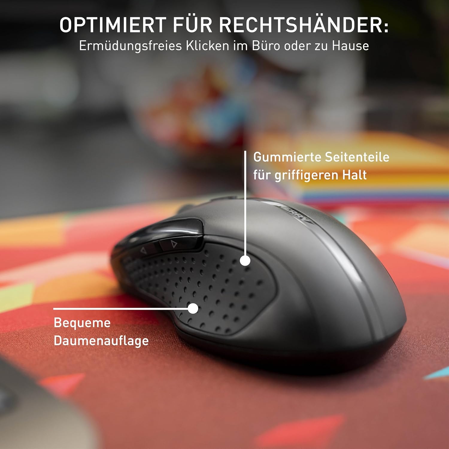 CHERRY MW 3000 kabellose ergonomische Maus für Rechtshänder, 2,4-GHz-Funk, 6 Tasten, optischer Sensor, gummierte Seiten, batteriebetrieben, schwarz – Bild 6