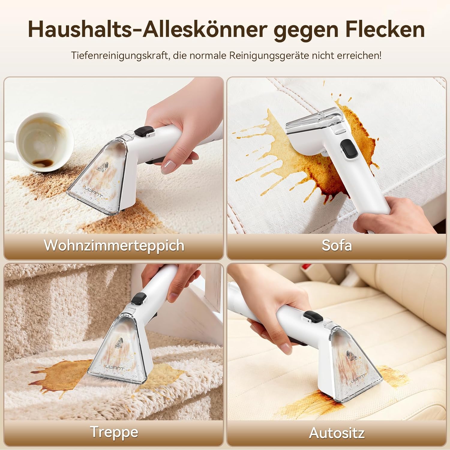 Uwant Y100 Dampf-Polsterreinigungsgerät, 3-in-1-Nasssauger für Sofa, Teppich und Auto mit 18 kPa, 100 °C heißem Dampf, 65 °C heißem Wasser, kaltem Wasser, selbstreinigend, Multi-Bürstenkopf und 500 ml Teppich – Bild 12