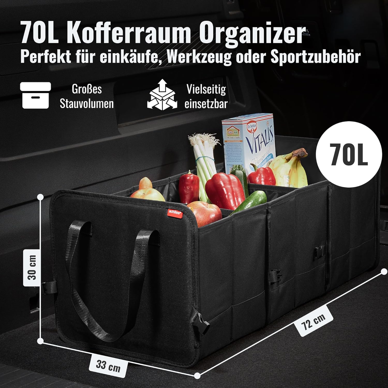 Achilles Vario-Box, faltbarer Auto-Organizer, verstellbarer Kofferraumtaschen-Korb mit Klettverschluss am Boden, große Faltkorb-Box, Faltbox-Korb, schwarz, 72 x 33 x 30 cm – Bild 2