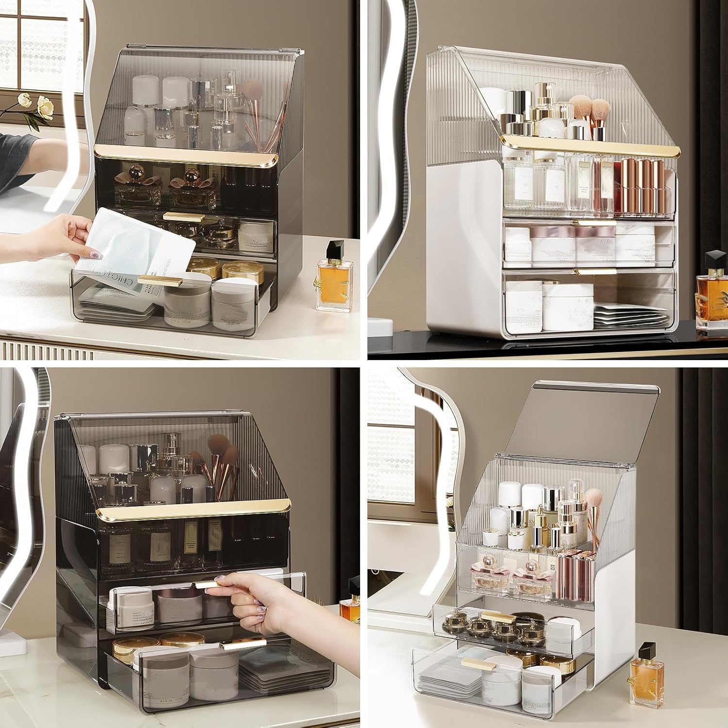 Große Make-up-Aufbewahrungsbox, 3-stöckig – Theken-Kosmetik-Organizer mit Deckel, Schminktisch-Organizer, Aufbewahrung für Parfüm und Toilettenartikel, Geschenk für Frauen – Bild 6