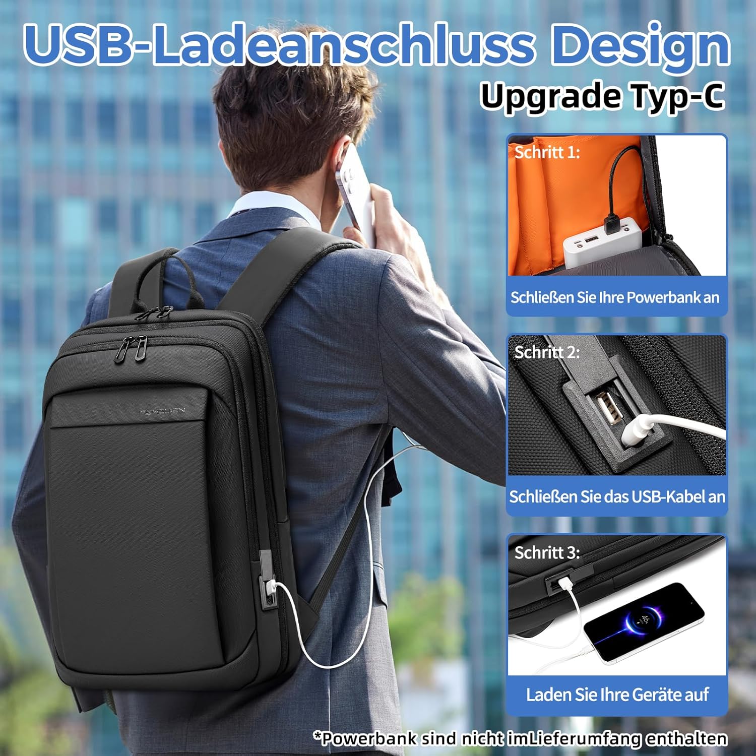 Fenree.geer Herren Laptop Business Rucksack – Leichter 15,6 Zoll Slim Laptop Rucksack mit USB – Ladeanschluss Wasserdicht & Erweiterbar (12-22L) Rucksack Schwarz Tragbarer Arbeitsrucksack Herren – Bild 5