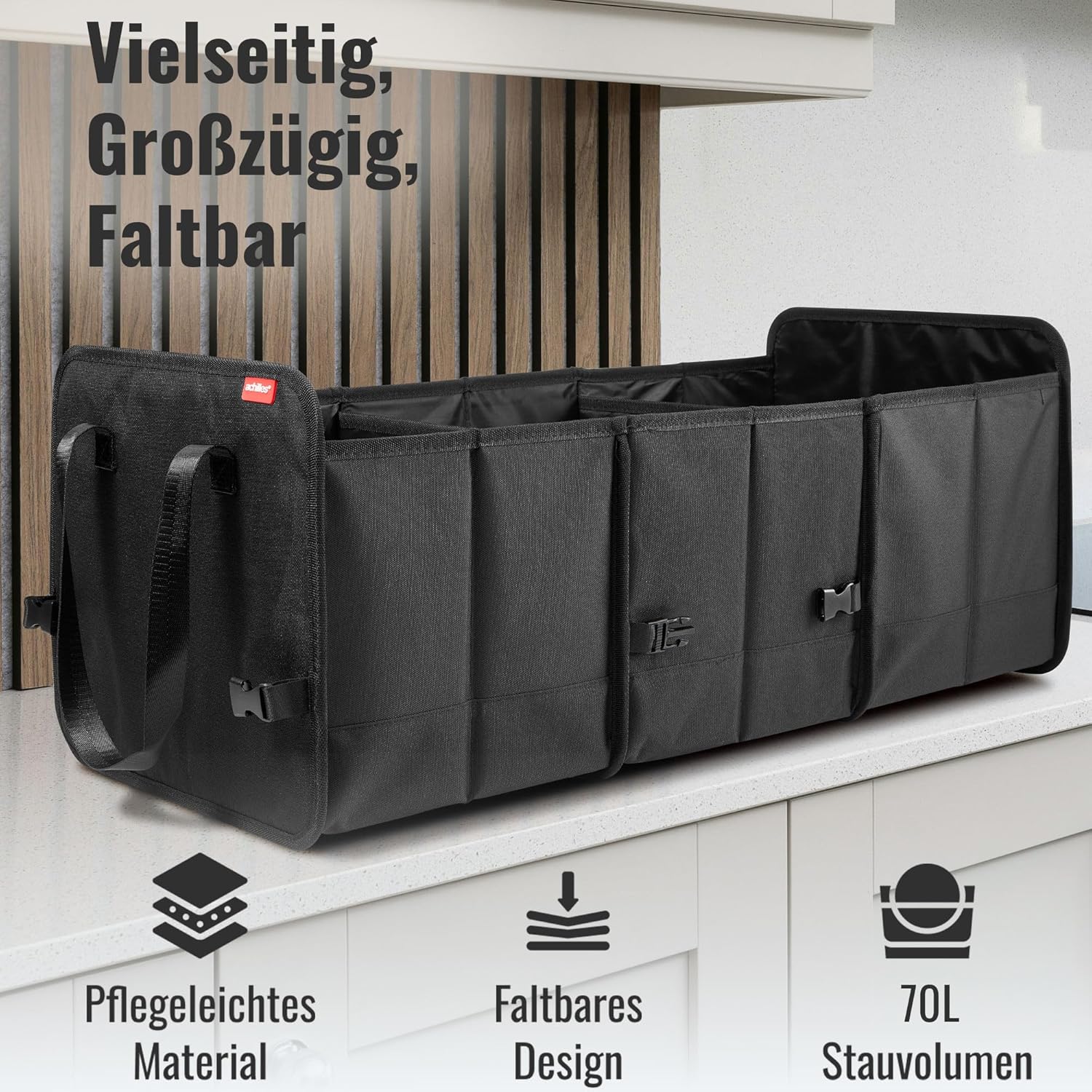 Achilles Vario-Box, faltbarer Auto-Organizer, verstellbarer Kofferraumtaschen-Korb mit Klettverschluss am Boden, große Faltkorb-Box, Faltbox-Korb, schwarz, 72 x 33 x 30 cm – Bild 4