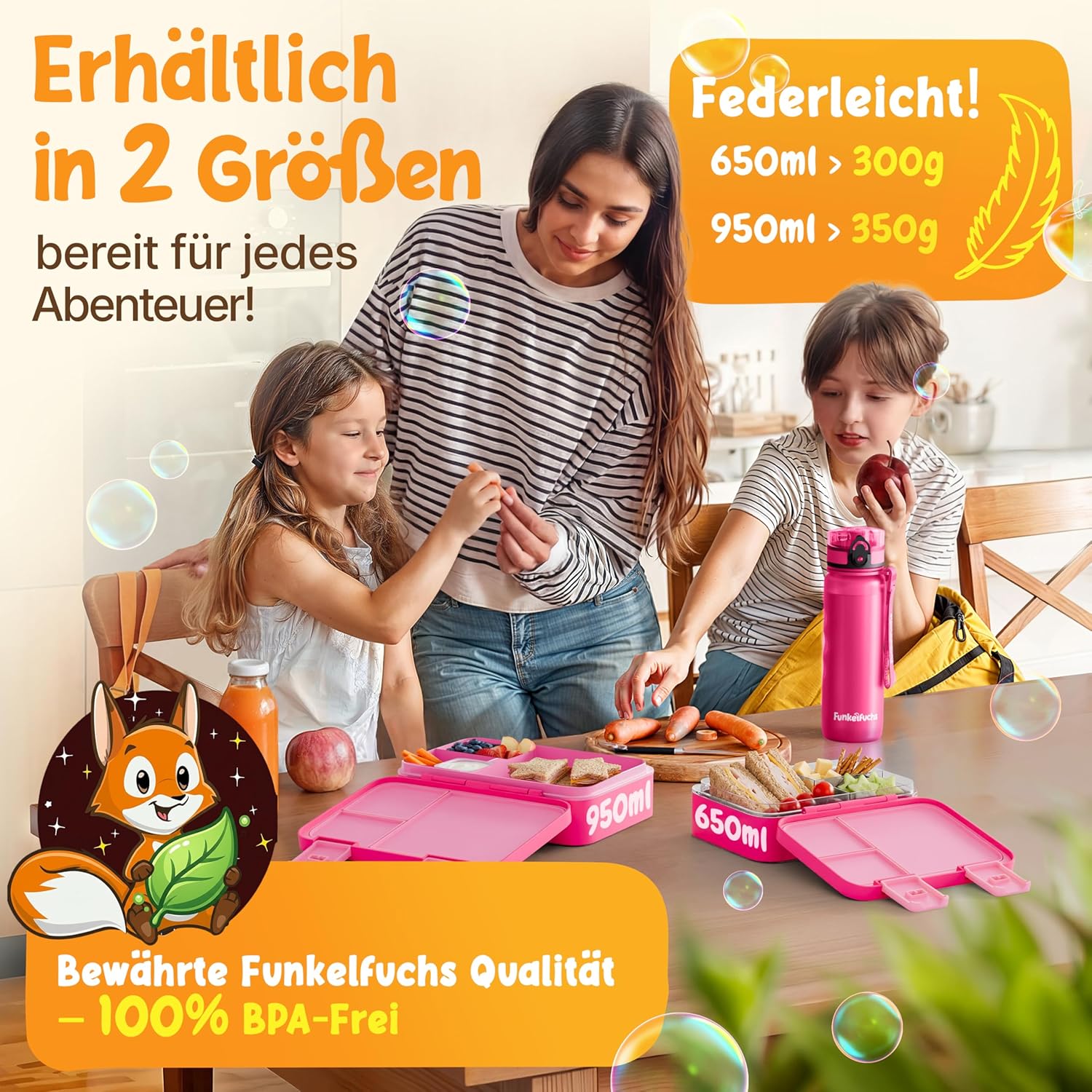 Funkelfuchs Lumi-Mini Kinder-Brotdose mit Fächern – 650 ml, Rosa | Lunchbox BPA-frei für Schule und Kindergarten | Superleicht, nur 300 g | Auslaufsicher, spülmaschinenfest | Bento-Box, Snack-Box – Bild 7