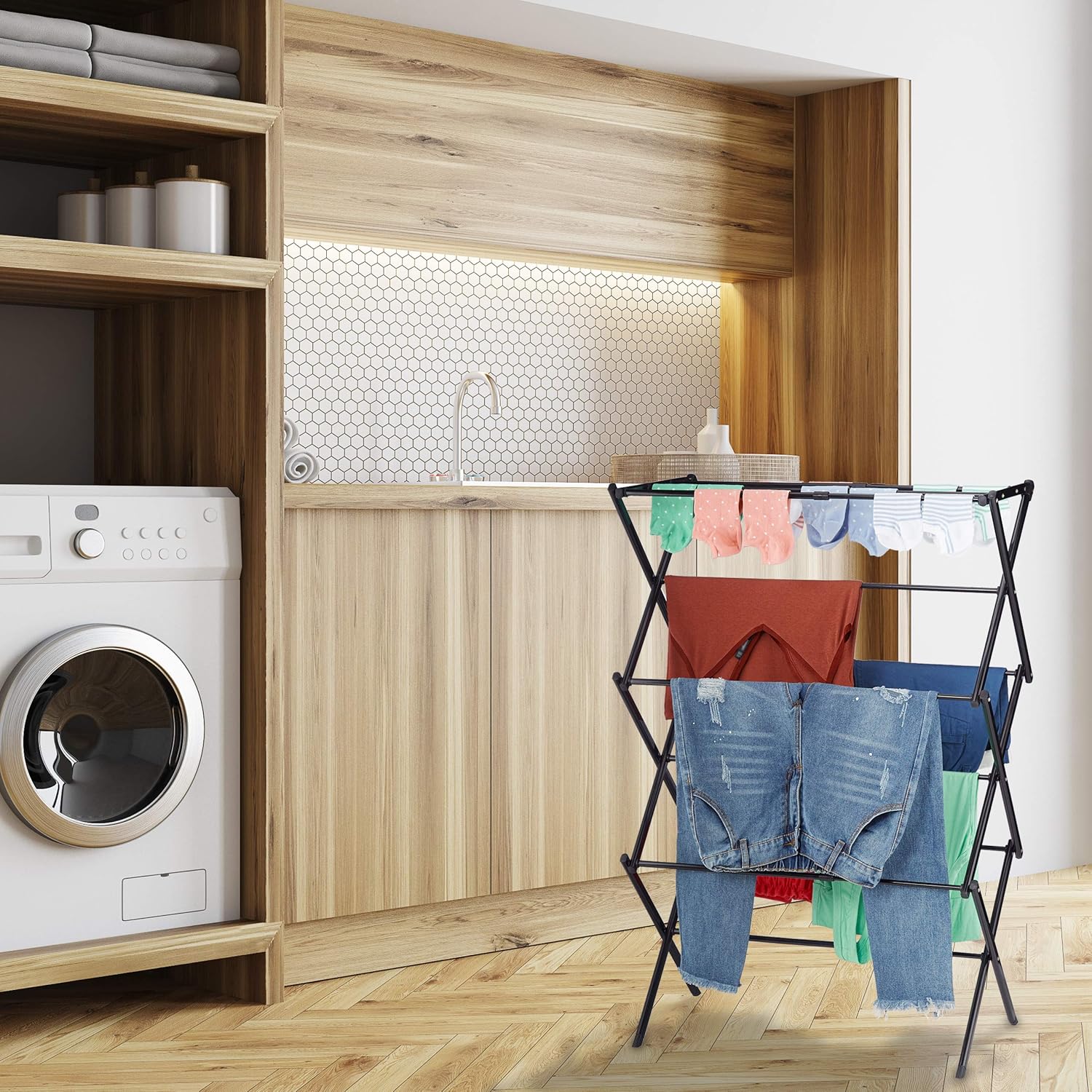 Relaxdays klappbarer ausziehbarer Wäscheständer, 11 Stangen, 6 Etagen, platzsparender Turm-Wäscheständer, Metall – Bild 2