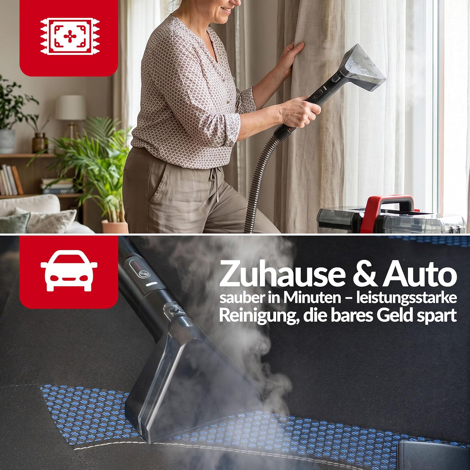 LEHMANN SteamWash 1800 Waschsauger & Dampfreiniger 4in1, Polsterreiniger und Teppichreiniger mit Warmwasser 60°C & Dampf 116°C, 16 kPa Saugkraft, Fleckenreiniger für Sofa, Auto & Haushalt – Bild 7