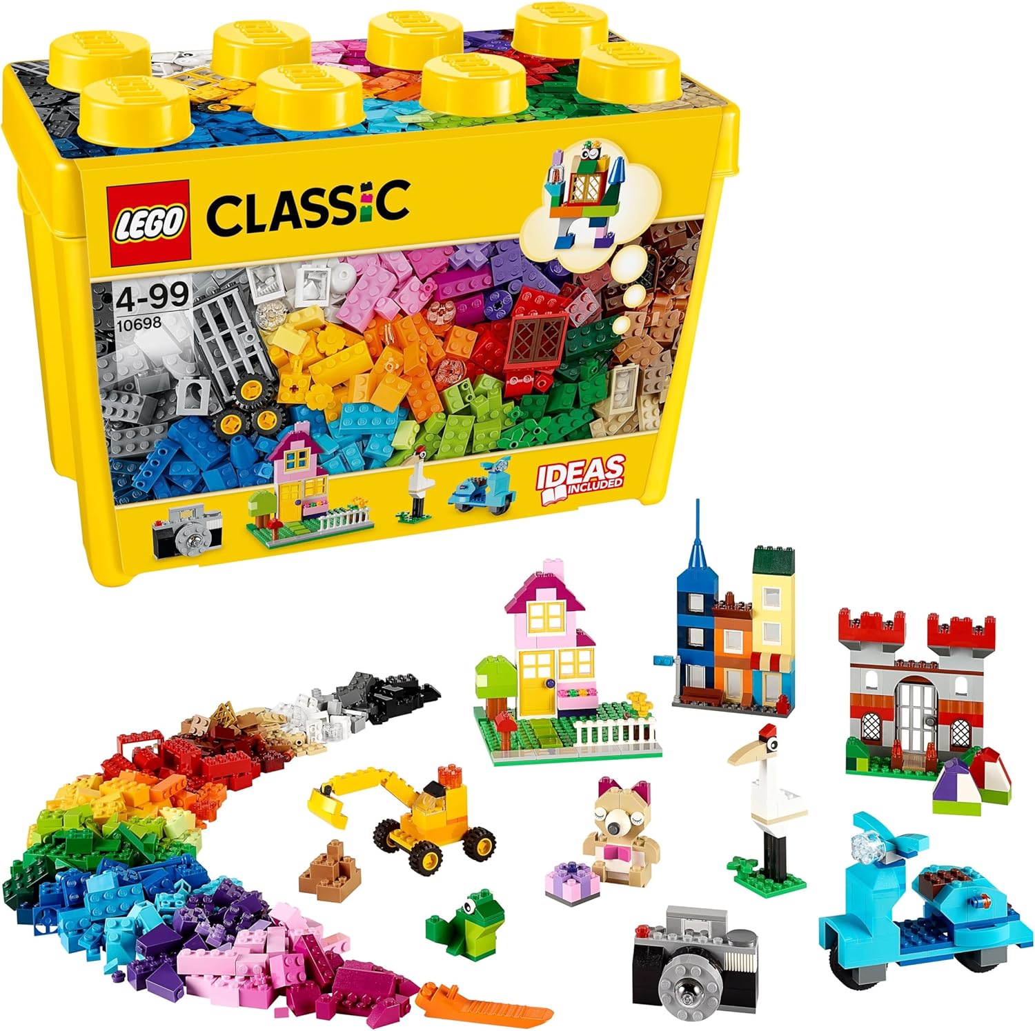 LEGO Classic große Bausteinbox mit kreativen Bausteinen, Kamera, Vespa und Bagger als Bausatz – Bauspielzeug – Weihnachtsgeschenk für Jungen und Mädchen ab 4 Jahren 10698