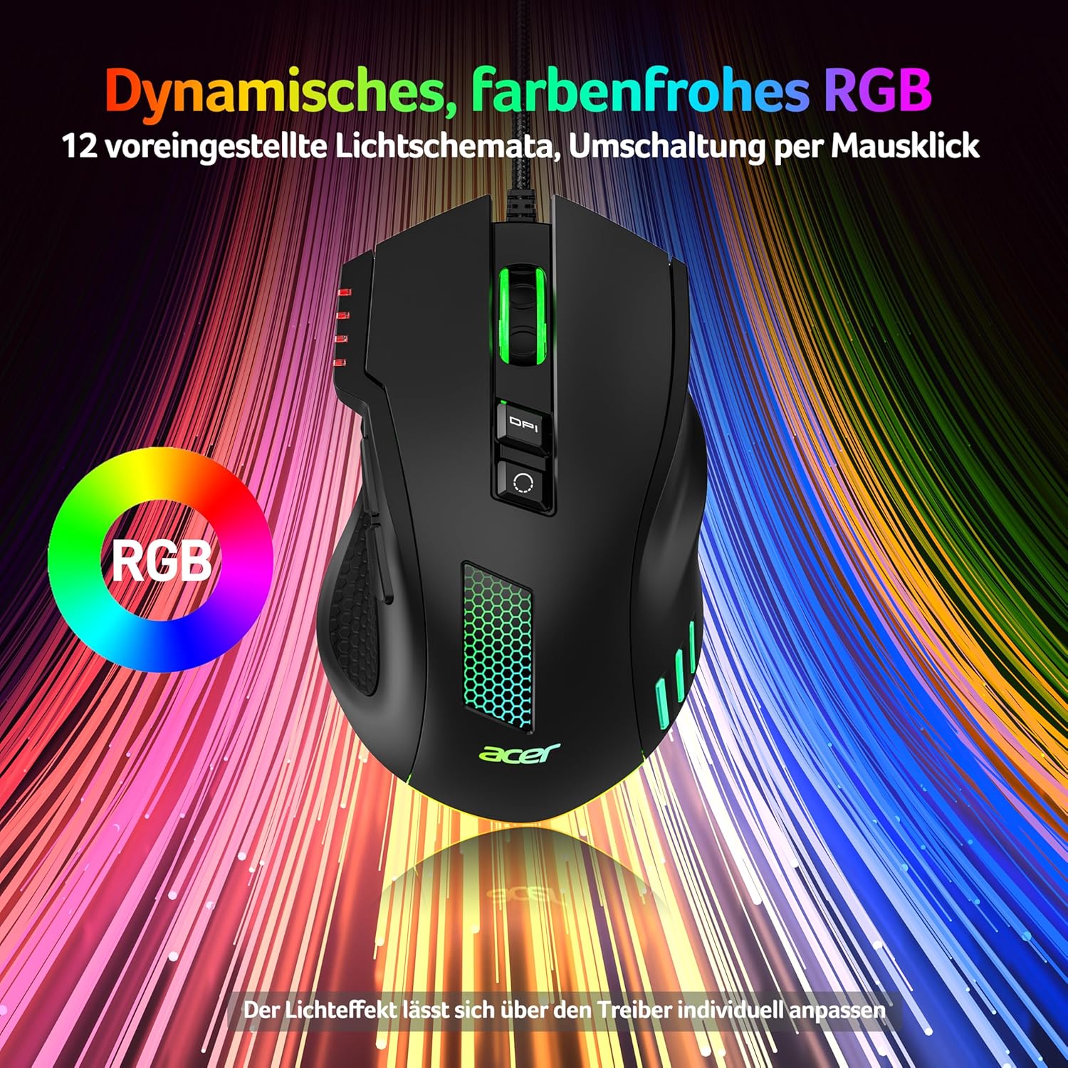 Acer Gaming-Maus mit Kabel 12800 DPI, kabelgebundene Computer-Gaming-Maus mit Treiber, 1000 Hz Abfragerate und 8 programmierbaren Tasten, Schnellfeuertaste und RGB-Lichtern, PC-Gaming-Maus, ideal für PC/Laptop – Bild 7
