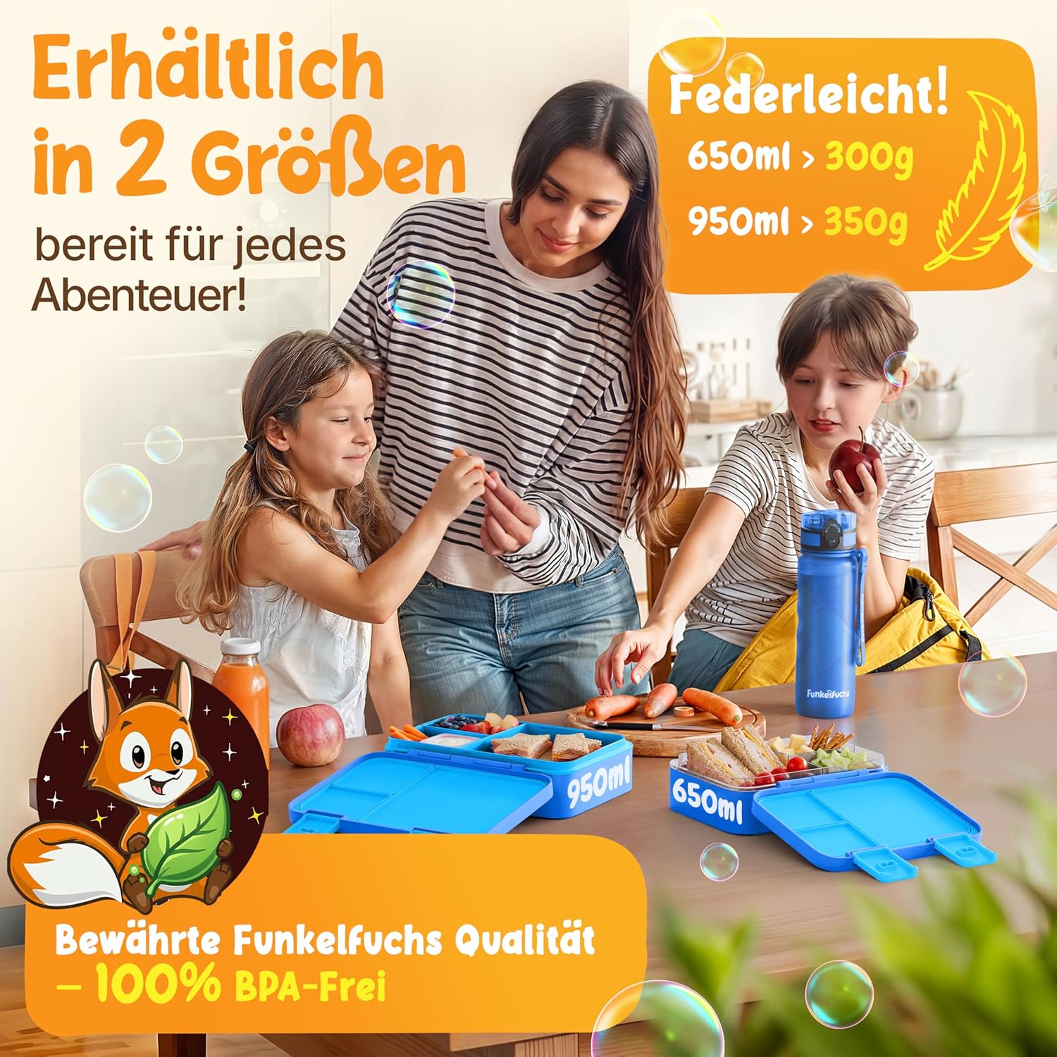 Funkelfuchs Lumi, Kinder-Brotdose mit Fächern, 950 ml, blau, BPA-freie Lunchbox für Schule & Kindergarten, superleicht, nur 350 g, auslaufsicher, spülmaschinenfest, Bento-Box, Snack-Box, Brotbox – Bild 7