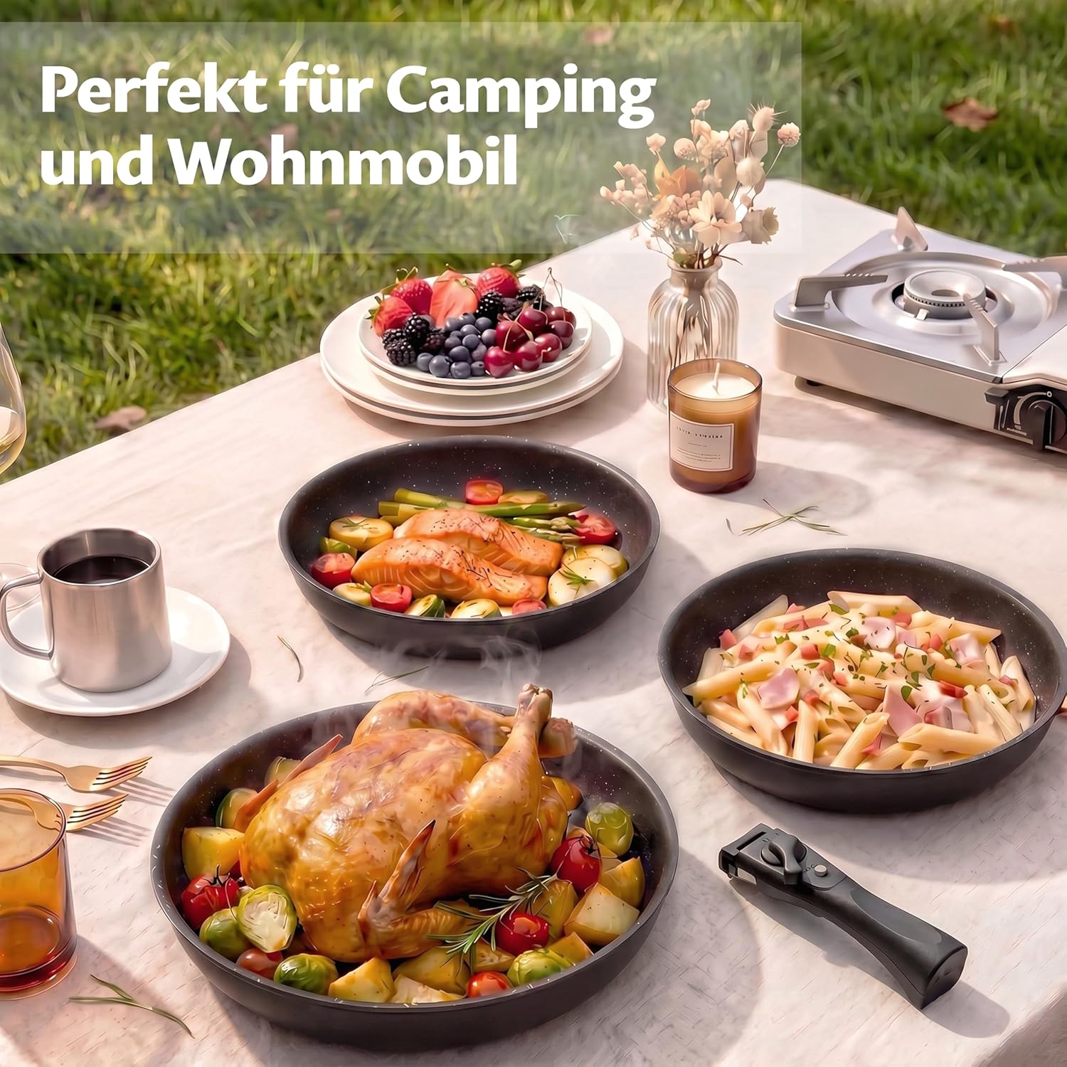 Fadware Induktions-Pfannenset, antihaftbeschichtete Bratpfanne, 20, 24, 28 cm mit abnehmbarem Griff für kleine Küchen und Wohnmobile, Pfannenset, stapelbar, platzsparend, für alle Herdarten, ofenfest – Bild 8